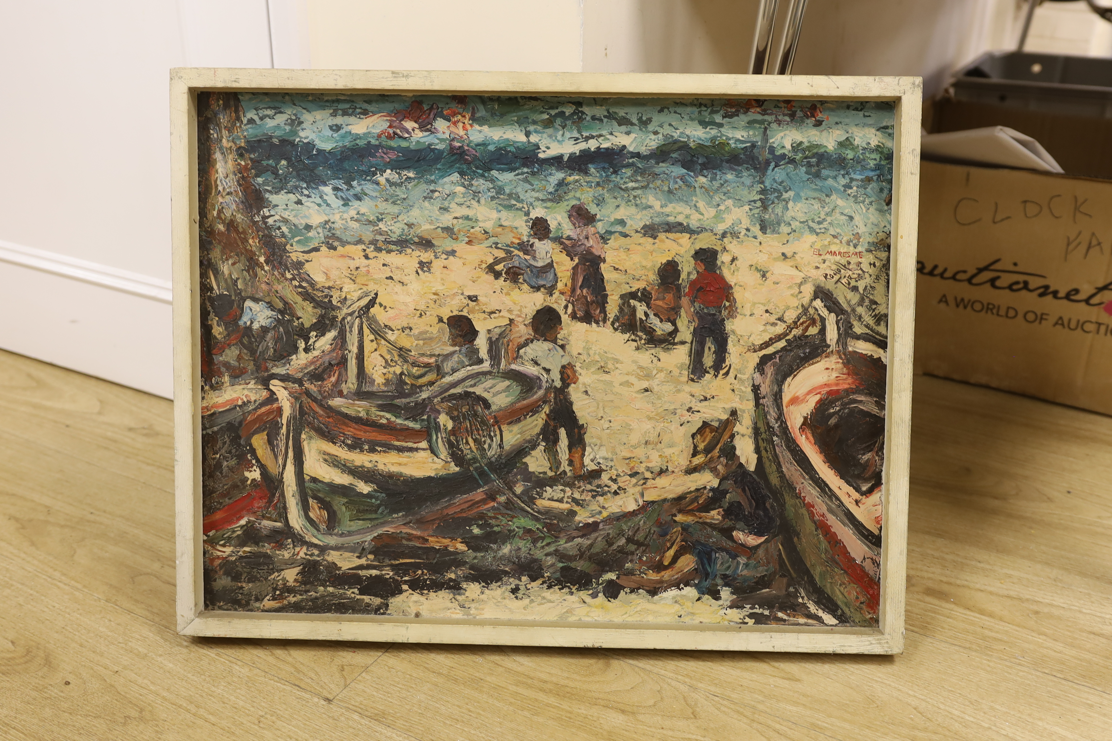 Rudolfo Tur, impasto oil on board, Beached fishing boats and figures, signed and inscribed El Maresme, 48 x 63cm